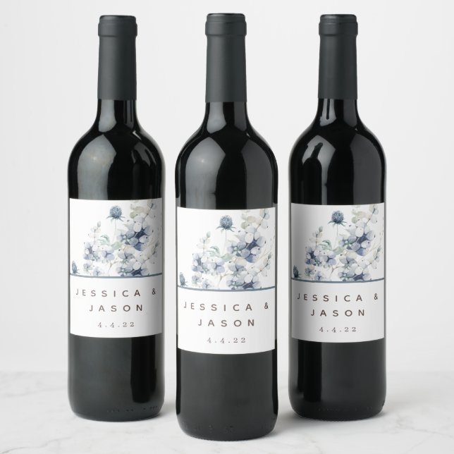 Dusty Blue Watercolor Floral Wedding Wine Labels (Bottles)