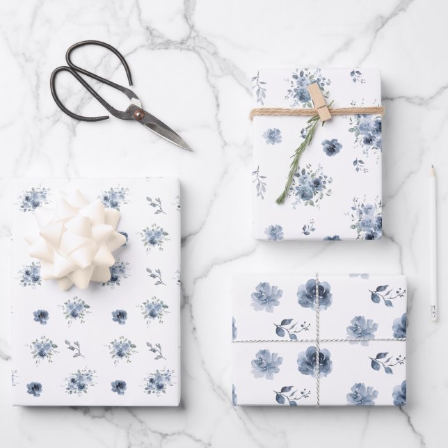 Dusty Blue Watercolor Floral Wrapping Paper Sheet (Front)