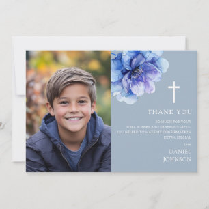 Dusty Blue Watercolor Flower Photo Confirmation Thank You Card