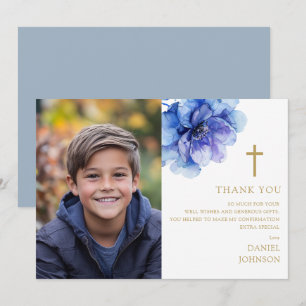 Dusty Blue Watercolor Flower Photo Confirmation Thank You Card