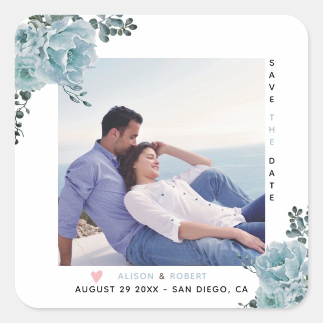 Dusty blue watercolor flowers and photo square sticker (Front)