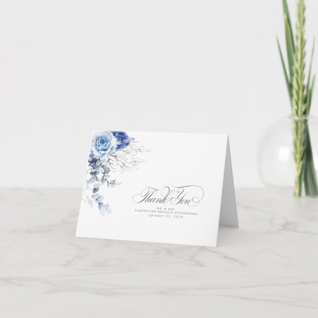 Dusty Blue Watercolor Flowers Boho Thank You Card (Front)