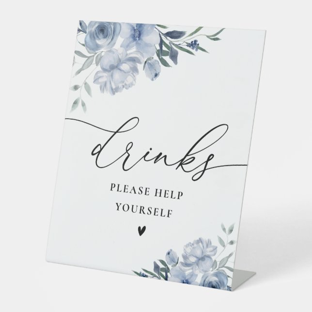dusty blue watercolor flowers drinks sign (Front)