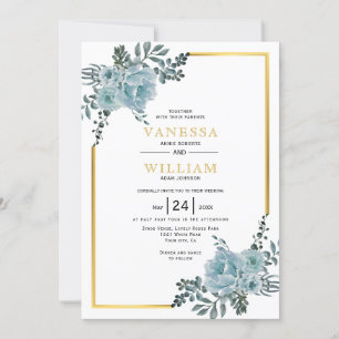 Dusty blue watercolor flowers, gold floral wedding invitation
