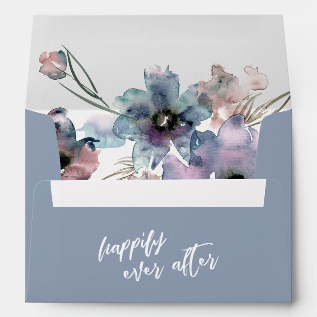 Dusty Blue Watercolor Flowers Happily Ever After Envelope (Back (Bottom))