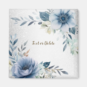 Dusty Blue Watercolor Flowers Silver Elegant Magnet