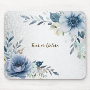 Dusty Blue Watercolor Flowers Silver Elegant Mouse Pad