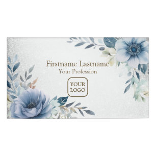 Dusty Blue Watercolor Flowers Silver Elegant Name Tag