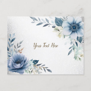 Dusty Blue Watercolor Flowers Silver Elegant Postcard
