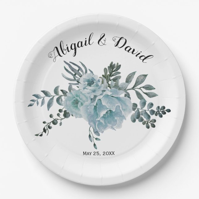 Dusty blue watercolor flowers, succulent wedding  paper plate (Front)