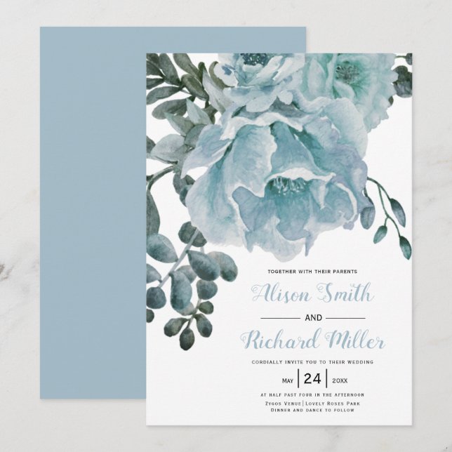 Dusty blue watercolor flowers typography wedding invitation (Front/Back)