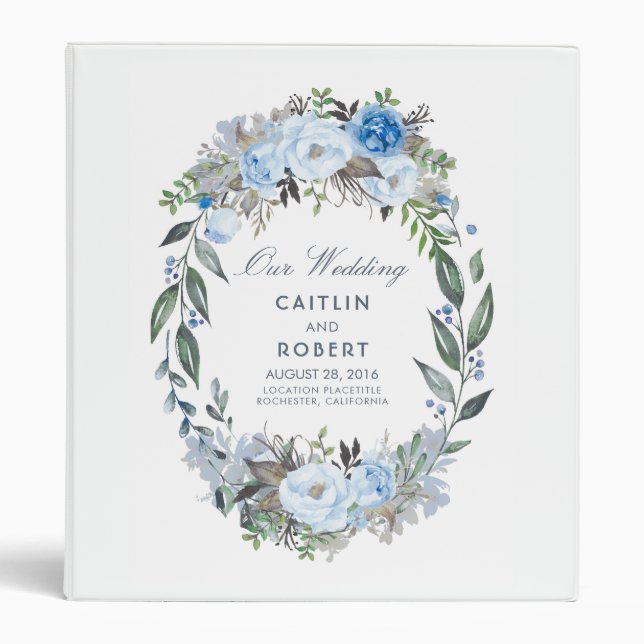 Dusty Blue Watercolor Flowers Wedding Binder (Front)