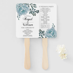 Dusty blue watercolor flowers wedding program hand fan