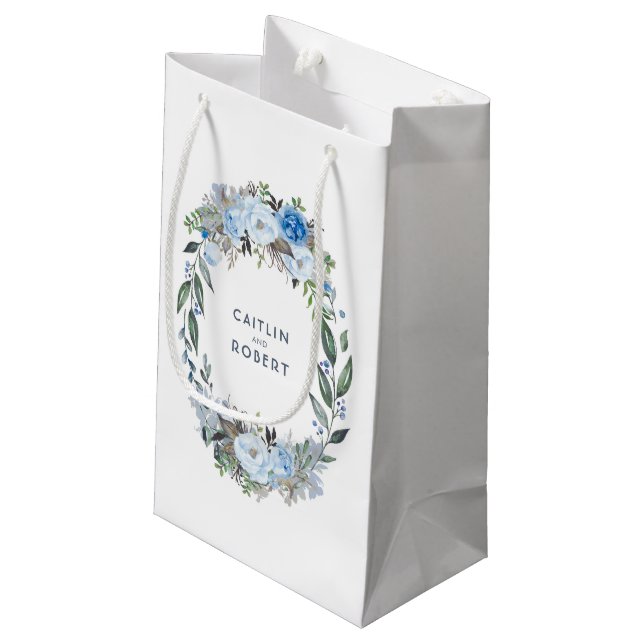 Dusty Blue Watercolor Flowers Wedding Small Gift Bag (Back Angled)