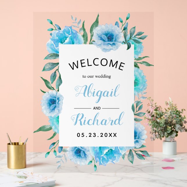 Dusty blue watercolor flowers wedding welcome acrylic sign (Wedding)