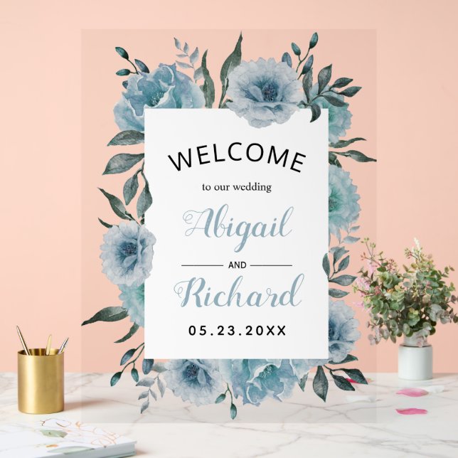 Dusty blue watercolor flowers wedding welcome acrylic sign (Wedding)