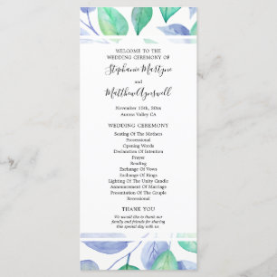 Dusty Blue Watercolor Foliage Wedding Ceremony Program