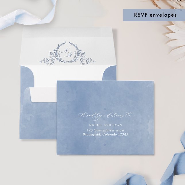 Dusty Blue Watercolor Formal RSVP Monogram Envelope (Creator Uploaded)