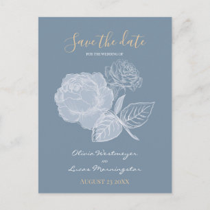 Dusty Blue Watercolor Gilded Rose  Save the Date Postcard