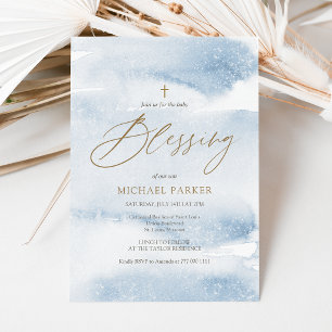 Dusty Blue Watercolor Gold Cross Baby Blessing Invitation