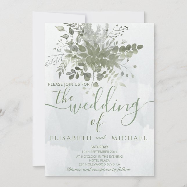 Dusty blue watercolor greenery eucalyptus invitation (Front)