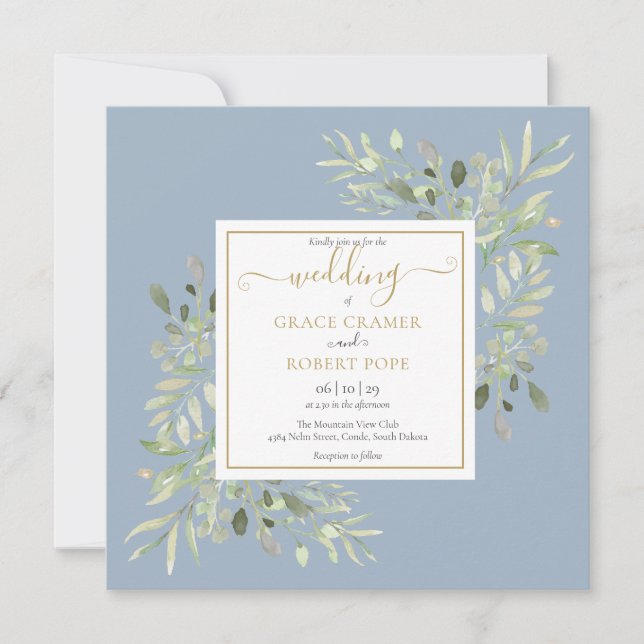 Dusty Blue Watercolor Greenery Gold Script Wedding Invitation (Front)