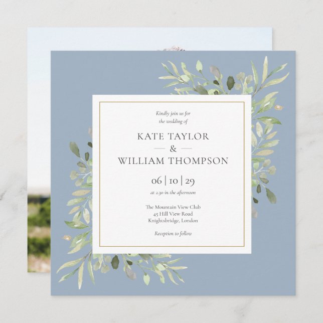Dusty Blue Watercolor Greenery Photo Wedding Invitation (Front/Back)