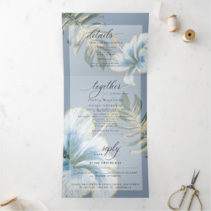 Dusty Blue Watercolor Hibiscus Foliage Wedding Tri Tri-Fold Invitation