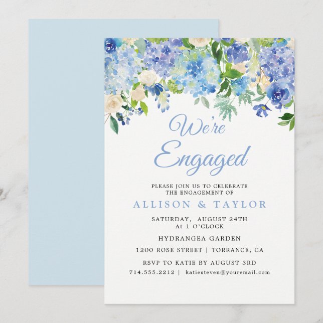 Dusty Blue Watercolor Hydrangea Engagement Party Invitation (Front/Back)