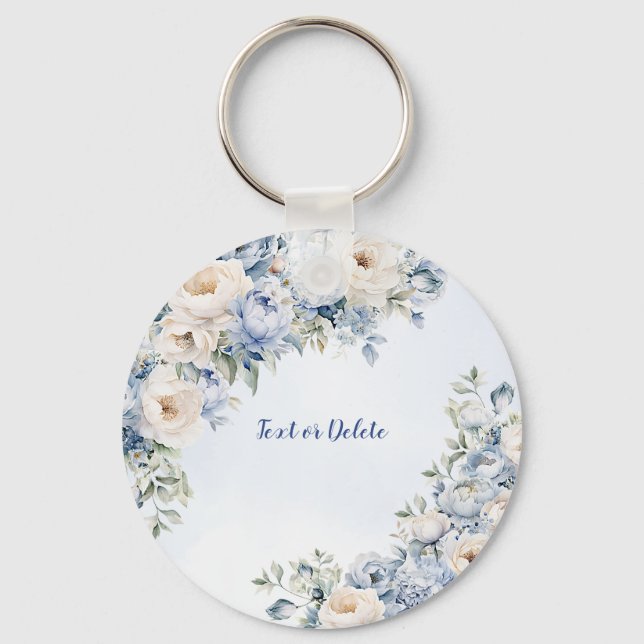 Dusty Blue Watercolor Ivory Flowers Leaves Keychain (Front)