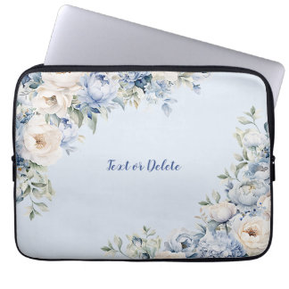 Dusty Blue Watercolor Ivory Flowers Leaves Laptop Sleeve