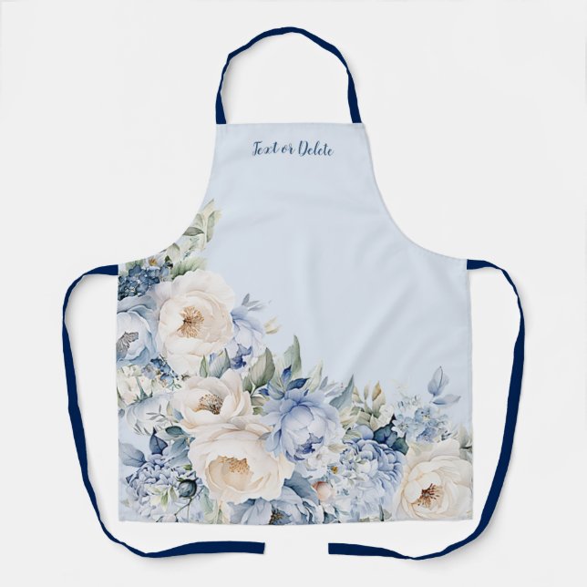 Dusty Blue Watercolor Ivory Flowers Leaves Rustic Apron (Front)