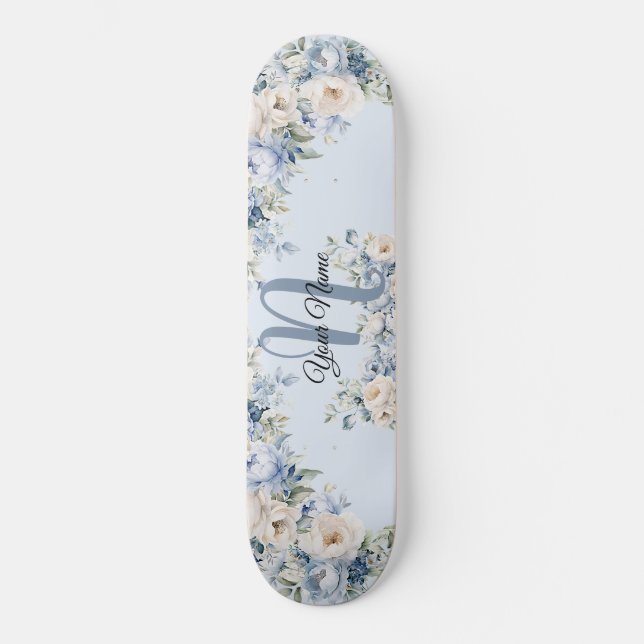 Dusty Blue Watercolor Ivory Flowers Leaves Rustic Skateboard (Front)