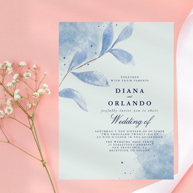 Dusty Blue Watercolor Leaf Wedding Invitation (Creator Uploaded)