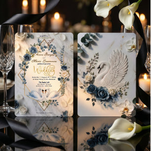 Dusty Blue Watercolor Marble Faux Foil Wedding Invitation