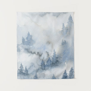 Dusty Blue Watercolor Misty Abstract Forest Tapestry