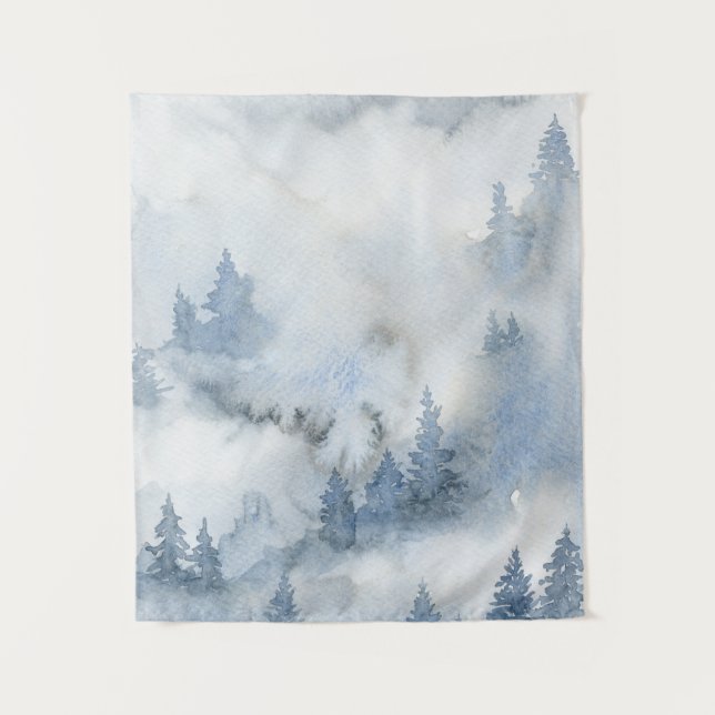 Dusty Blue Watercolor Misty Abstract Forest    Tapestry (Front)