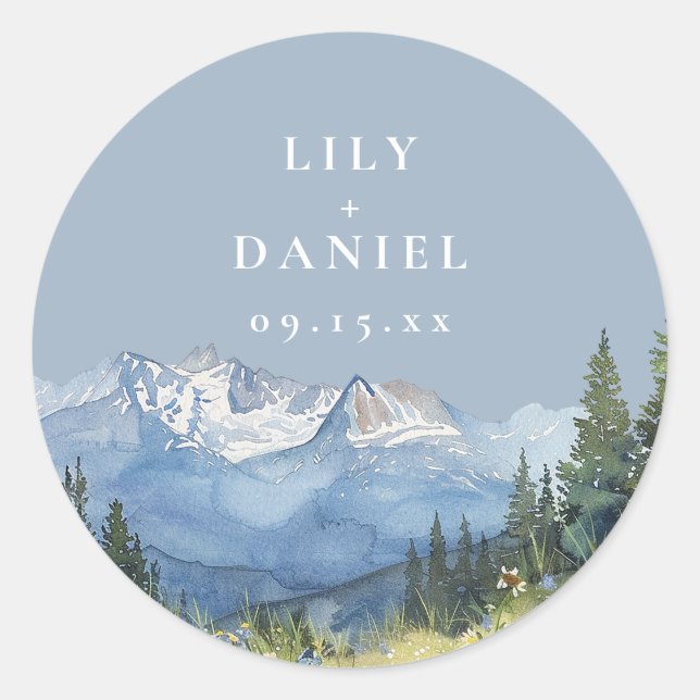Dusty Blue Watercolor Mountain Wildflower Wedding Classic Round Sticker (Front)