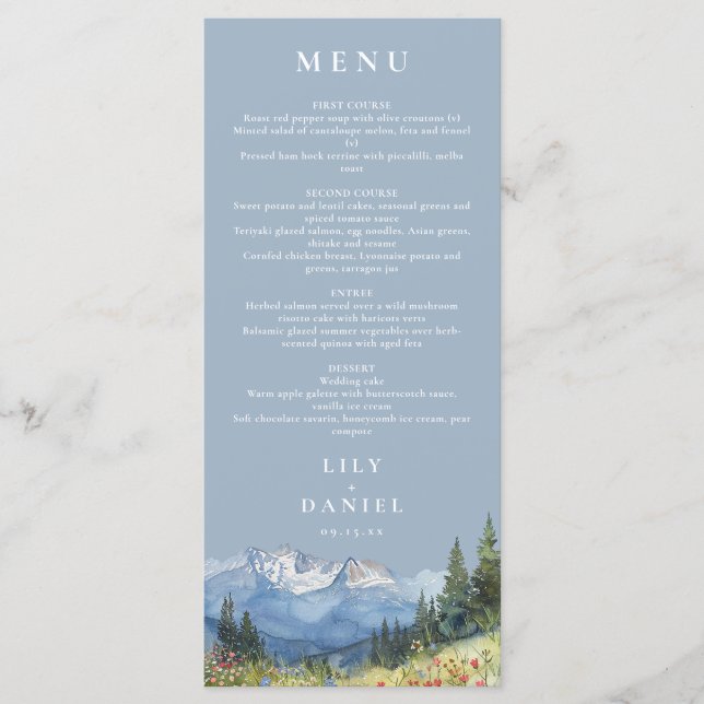 Dusty Blue Watercolor Mountain Wildflower Wedding Menu (Front)