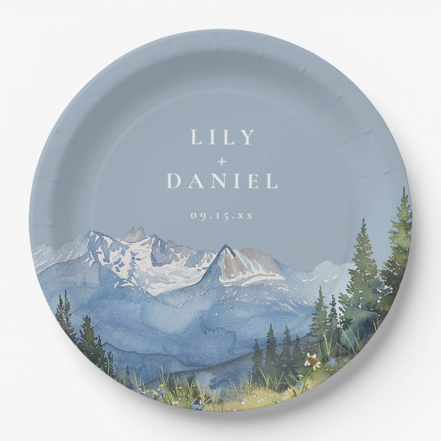Dusty Blue Watercolor Mountain Wildflower Wedding Paper Plate (Front)