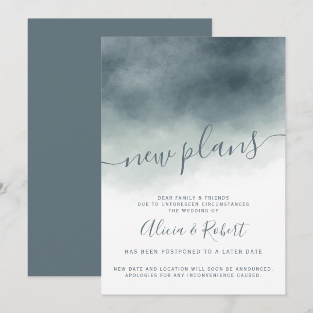 Dusty blue watercolor ombre postponed new plans invitation (Front/Back)