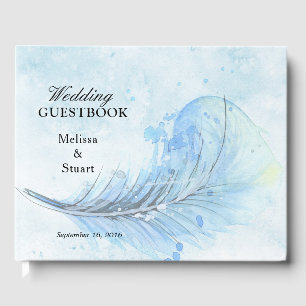 Dusty blue watercolor painted feather Wedding Guest Book