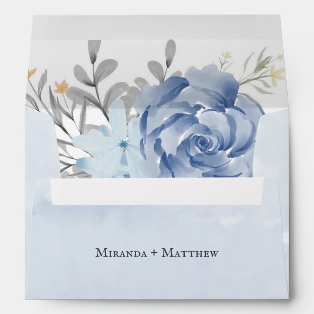 Dusty Blue Watercolor Peony Personalized Wedding Envelope (Back (Bottom))
