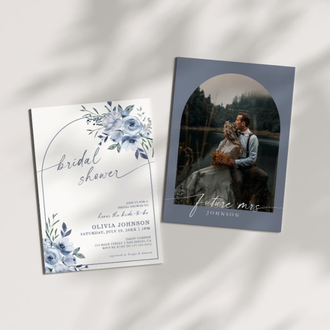 Dusty Blue Watercolor Photo Floral Bridal Shower Invitation (Creator Uploaded)