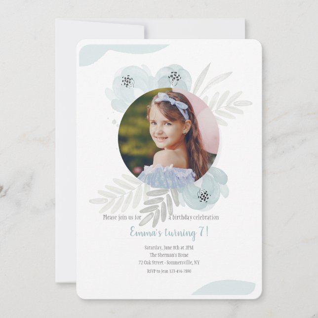 Dusty Blue Watercolor Photo  Invitation (Front)