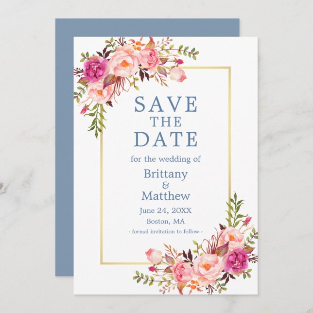 Dusty Blue Watercolor Pink Roses Save The Date (Front/Back)