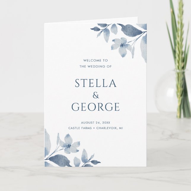 Dusty Blue Watercolor Programme de mariage floral (Devant)