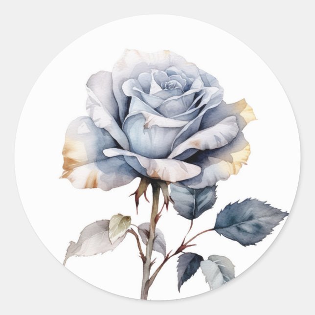 Dusty Blue Watercolor Rose Classic Round Sticker (Front)