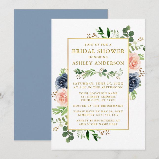 Dusty Blue Watercolor Roses Bridal Shower Gold Invitation (Front/Back)