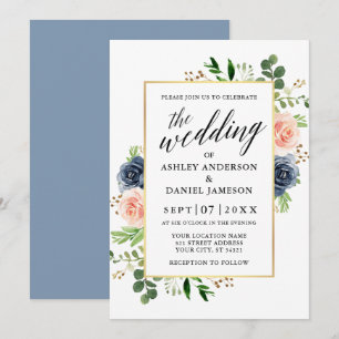 Dusty Blue Watercolor Roses Calligraphy Wedding Invitation